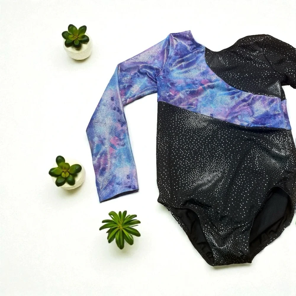 140 (size 9-10) Children's Long Sleeved Leotard in black, purple, and blue